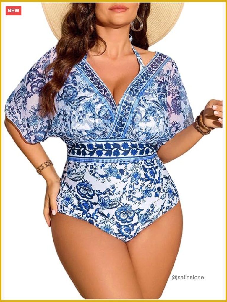 Plus Size Floral Print Halter One Piece Swimsuit Short Sleeve Tie Back